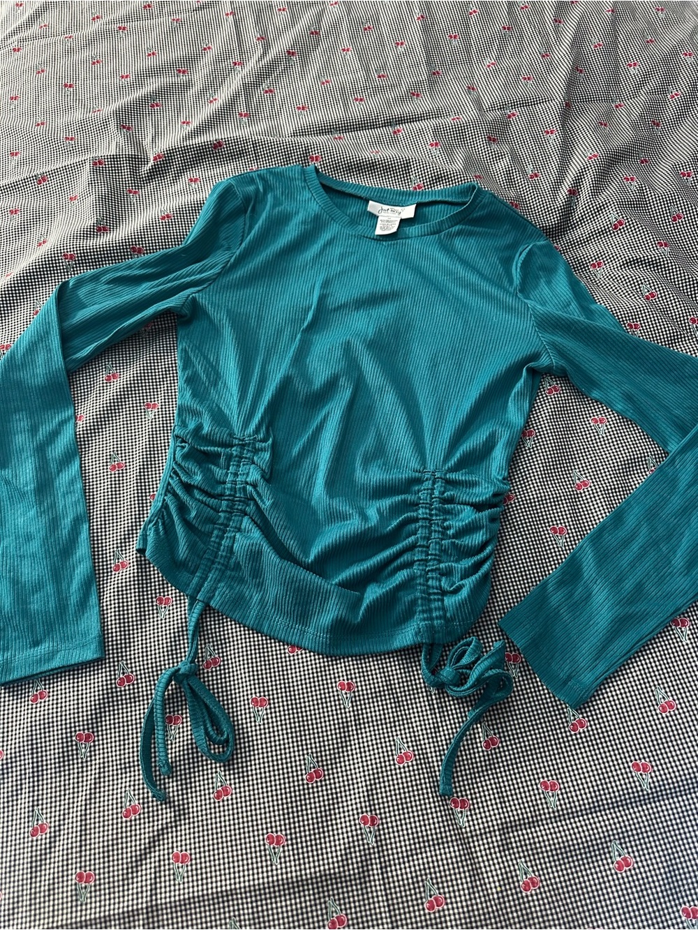 Teal Ribbed Long-Sleeve Side-Ruched Tie Top by Wild Fable